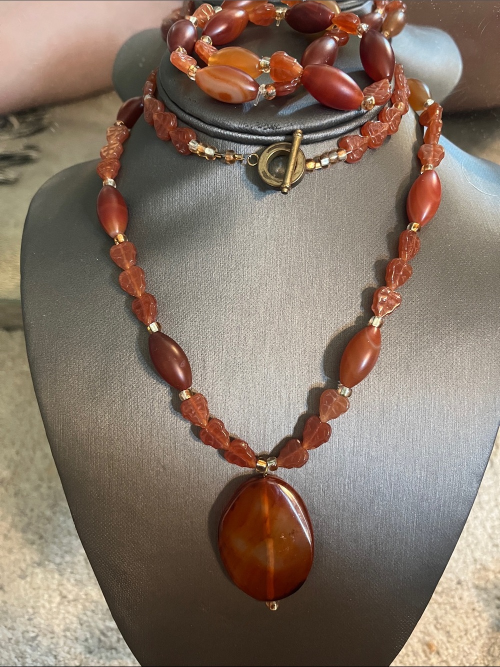 Carnelian-Inspired Brown Beaded Necklace and Bracelet Set Glass
